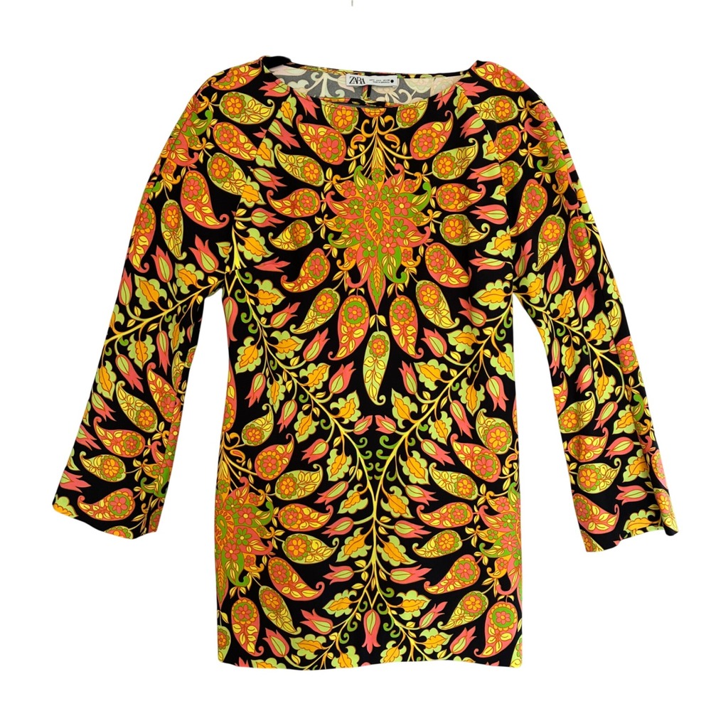 Zara Mini Dress Open Back Multicolor Paisley Bell Sleeve L Funky Retro Going Out